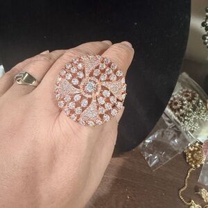 Pakistani Indian Desi Rose Gold Crystal Statement Ring - Sparkling Floral Design